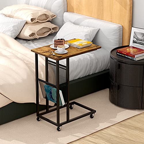 EKNITEY Small Couch Side Table - 21.8 * 13.9" Enlarged Tabletop Industrial End Table Convenient C Shaped Snack Table with Side Pocket for Living Room, Laptop, Bedroom, and Small Spaces (Rustic Brown)