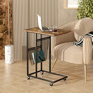 EKNITEY Small Couch Side Table - 21.8 * 13.9" Enlarged Tabletop Industrial End Table Convenient C Shaped Snack Table with Side Pocket for Living Room, Laptop, Bedroom, and Small Spaces (Rustic Brown)