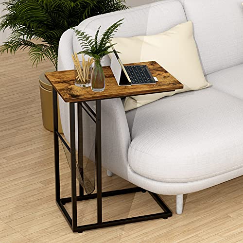 EKNITEY Small Couch Side Table - 21.8 * 13.9" Enlarged Tabletop Industrial End Table Convenient C Shaped Snack Table with Side Pocket for Living Room, Laptop, Bedroom, and Small Spaces (Rustic Brown)