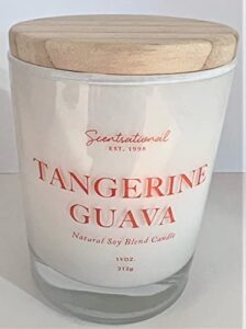 natural coconut + beeswax scented candle tangerine guava white jar with orange text, 11 oz.