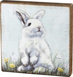 primitives by kathy home décor sign with a bunny in dandelions: perfect for home, office, housewarming, gift,6" x 6" x 1"