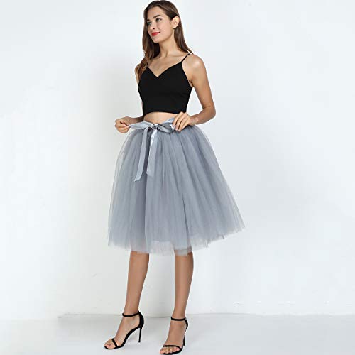 TOPCHANCES Women's Tulle Skirt,50s Vintage Petticoat Retro Underskirt A Line Knee Length Adult Skirt with Sash Costume for Party Gown Prom Formal (L/Wasitline 25.6in-39.3in,Length 25.6in, Gray)