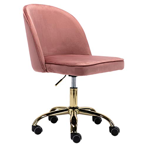 Guyou Pink Velvet Gold Desk Chair with Wheels Armless Upholstered Vanity Chair, Rolling Swivel Small Task Chair Home Desk Chair for Home Office Studio (Dusty Rose Pink)