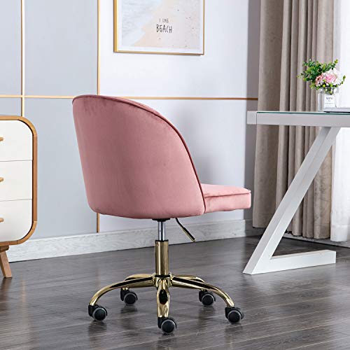 Guyou Pink Velvet Gold Desk Chair with Wheels Armless Upholstered Vanity Chair, Rolling Swivel Small Task Chair Home Desk Chair for Home Office Studio (Dusty Rose Pink)