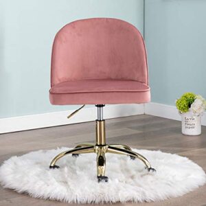Guyou Pink Velvet Gold Desk Chair with Wheels Armless Upholstered Vanity Chair, Rolling Swivel Small Task Chair Home Desk Chair for Home Office Studio (Dusty Rose Pink)