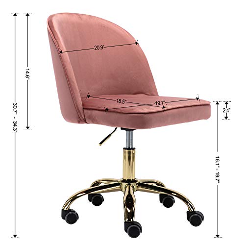 Guyou Pink Velvet Gold Desk Chair with Wheels Armless Upholstered Vanity Chair, Rolling Swivel Small Task Chair Home Desk Chair for Home Office Studio (Dusty Rose Pink)