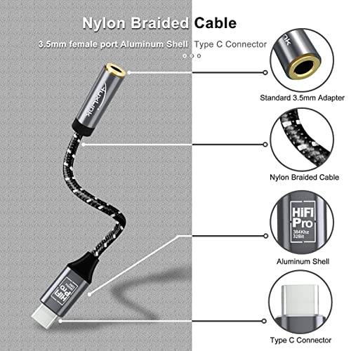 AuxLink USB C to 3.5mm Audio Adapter, USB Type C Headphone Adapter Hi-Fi DAC Chip, USB C to Headphone Jack Female Aux Adapter for Samsung Galaxy S22 S21 S20 Plus/Ultra Note 20/10, Pixel 6, iPad Pro
