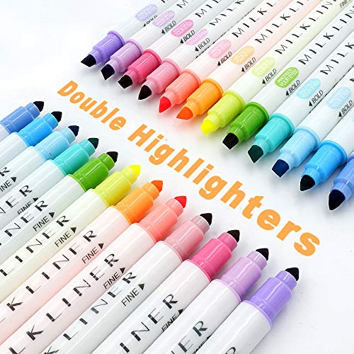 YOOUSOO Double Highlighters Pens Assorted Colors, 12 Colors Broad and Fine Tips Highlighter Pastel Marker Set for Student Office Classroom