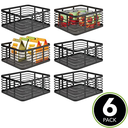 mDesign Steel Metal Wire Kitchen Food Storage Organizer Bin Basket for Pantry Organization - Wired Farmhouse Basket with Handle for Shelves - Carson Collection - 6 Pack, Matte Black