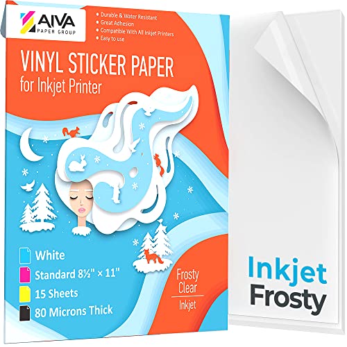 Printable Vinyl Sticker Paper for Inkjet Printer - Frosty Clear - Semi-Transparent -15 Self-Adhesive Sheets - Waterproof Decal Paper - Standard Letter Size 8.5"x11"