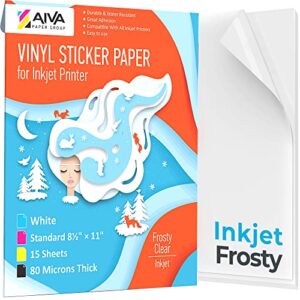printable vinyl sticker paper for inkjet printer - frosty clear - semi-transparent -15 self-adhesive sheets - waterproof decal paper - standard letter size 8.5"x11"