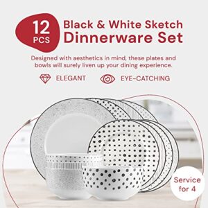 Safdie & Co. - Black & White Sketch Plates and Bowls Sets, Modern Dinnerware Set, Kitchen Dinnerware Sets, Indoor and Outdoor Plates, 12-Piece Kitchen Plates and Bowls Set, Dishwasher Safe