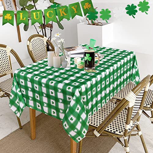 LUSHVIDA St.Patrick's Day Rectangle Table Cloth, 60 x 84 Inch - Shamrock Plaid Patterned Irish Clover Washable Microfiber Tablecloth Decorative Table Covers for Picnic Party, 100% Polyester, 150 GSM