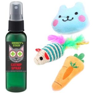 smokey's stash catnip spray with catnip easter bunny, carrot, and sisal rope mouse cat toys for cats (bundle)