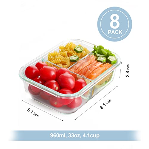 Bayco 8 Pack Glass Meal Prep Containers 3 Compartment, Glass Food Storage Containers with Lids, Airtight Glass Lunch Bento Boxes, BPA-Free & Leak Proof (8 lids & 8 Containers)