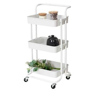 lomani 3 tier storage cart, rolling utility cart with brake caster wheels, multifunctional storage shelves, metal storage cart, trolley for kitchen, bathroom, office with handle -white