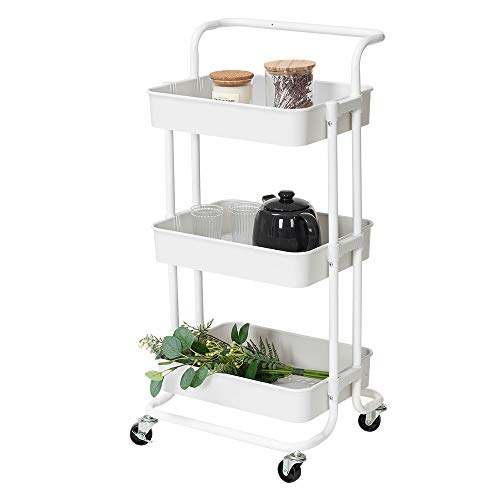 Lomani 3 Tier Storage Cart, Rolling Utility Cart with Brake Caster Wheels, Multifunctional Storage Shelves, Metal Storage Cart, Trolley for Kitchen, Bathroom, Office with Handle -White