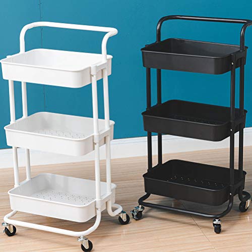 Lomani 3 Tier Storage Cart, Rolling Utility Cart with Brake Caster Wheels, Multifunctional Storage Shelves, Metal Storage Cart, Trolley for Kitchen, Bathroom, Office with Handle -White