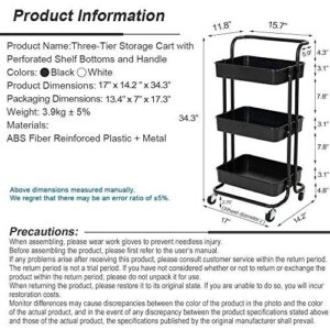 Lomani 3 Tier Storage Cart, Rolling Utility Cart with Brake Caster Wheels, Multifunctional Storage Shelves, Metal Storage Cart, Trolley for Kitchen, Bathroom, Office with Handle -White