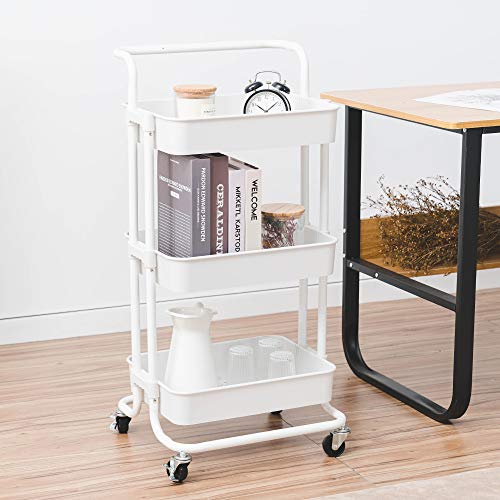 Lomani 3 Tier Storage Cart, Rolling Utility Cart with Brake Caster Wheels, Multifunctional Storage Shelves, Metal Storage Cart, Trolley for Kitchen, Bathroom, Office with Handle -White