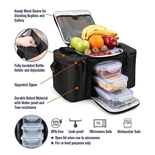 RitFit Upgraded Meal Prep Lunch Bag with 3 Containers for Men and Women, Large Lunch Box for Gym,Work,and Trips, Come with Shoulder Strap,Ice Packs and Free Recipes