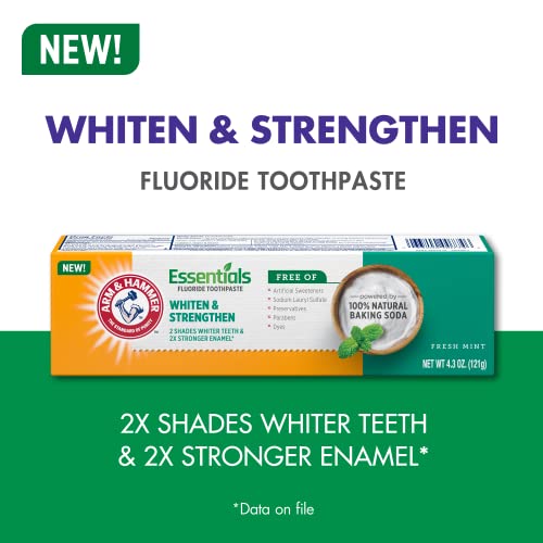 ARM & HAMMER Essentials Whiten & Strengthen Fluoride Toothpaste-4 Pack of 4.3oz Tubes, Fresh Mint- 100% Natural Baking Soda- Fluoride Toothpaste