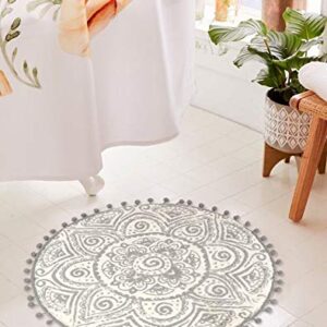 HAOCOO Bohemian Round Rug 2ft, Non-Slip Circle Rug with Pom Poms Fringe Gray Small Rug,Soft Velvet Washable Bathroom Rugs Mandala Floor Mat Carpet for Sink Bedroom Nursery Decor