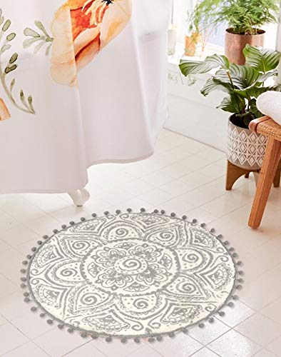 HAOCOO Bohemian Round Rug 2ft, Non-Slip Circle Rug with Pom Poms Fringe Gray Small Rug,Soft Velvet Washable Bathroom Rugs Mandala Floor Mat Carpet for Sink Bedroom Nursery Decor