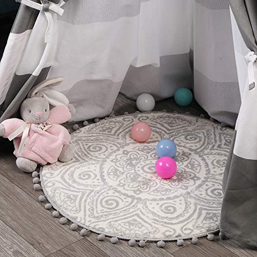 HAOCOO Bohemian Round Rug 2ft, Non-Slip Circle Rug with Pom Poms Fringe Gray Small Rug,Soft Velvet Washable Bathroom Rugs Mandala Floor Mat Carpet for Sink Bedroom Nursery Decor