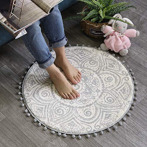 HAOCOO Bohemian Round Rug 2ft, Non-Slip Circle Rug with Pom Poms Fringe Gray Small Rug,Soft Velvet Washable Bathroom Rugs Mandala Floor Mat Carpet for Sink Bedroom Nursery Decor