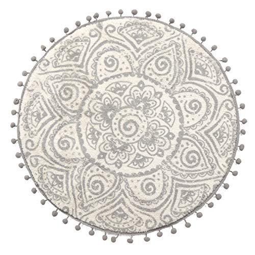 HAOCOO Bohemian Round Rug 2ft, Non-Slip Circle Rug with Pom Poms Fringe Gray Small Rug,Soft Velvet Washable Bathroom Rugs Mandala Floor Mat Carpet for Sink Bedroom Nursery Decor