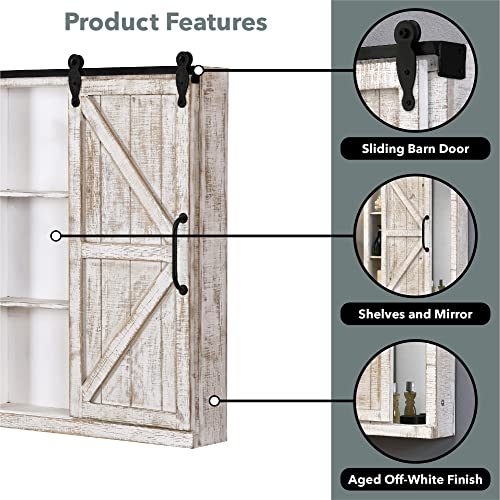 FirsTime & Co. Off-White Winona Barn Door Mirrored Cabinet, Storage with Shelves for Bathroom, Kitchen and Office, Wood, Farmhouse, 28 x 21 Inches