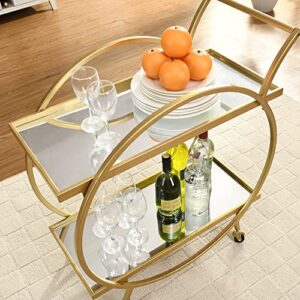 FirsTime & Co. Gold Odessa Bar Cart, 2 Tier Mobile Mini Bar, Kitchen Serving Cart and Coffee Station with Storage for Liquor, Metal and Mirror, Modern, 28 inches