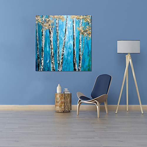 Yihui Arts Tree Canvas Wall Art for Home Decor 3D Hand Painted Blue Forest Pictures for Living Room Bedroom Stretched and Framed Ready to Hang(20Wx20L)