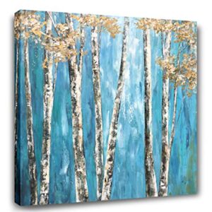 Yihui Arts Tree Canvas Wall Art for Home Decor 3D Hand Painted Blue Forest Pictures for Living Room Bedroom Stretched and Framed Ready to Hang(20Wx20L)