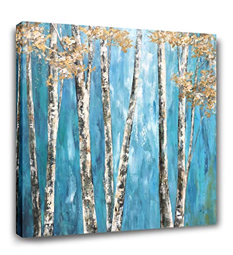 Yihui Arts Tree Canvas Wall Art for Home Decor 3D Hand Painted Blue Forest Pictures for Living Room Bedroom Stretched and Framed Ready to Hang(20Wx20L)