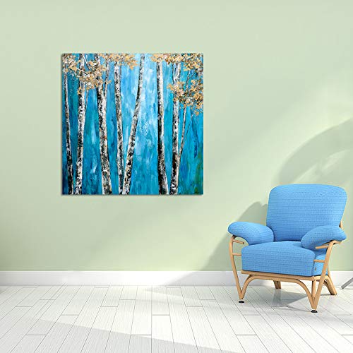 Yihui Arts Tree Canvas Wall Art for Home Decor 3D Hand Painted Blue Forest Pictures for Living Room Bedroom Stretched and Framed Ready to Hang(20Wx20L)