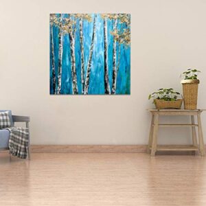 Yihui Arts Tree Canvas Wall Art for Home Decor 3D Hand Painted Blue Forest Pictures for Living Room Bedroom Stretched and Framed Ready to Hang(20Wx20L)