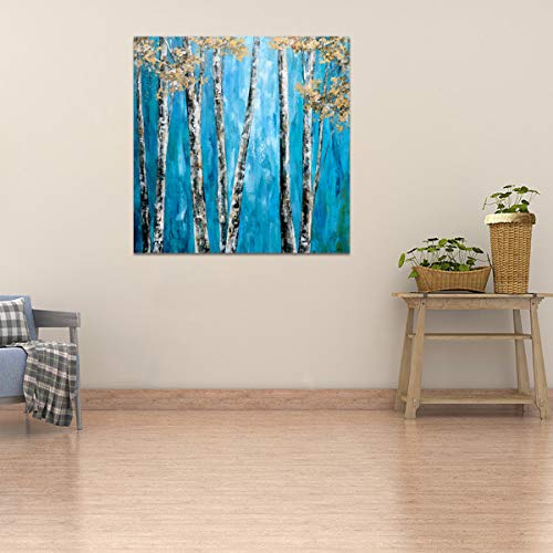 Yihui Arts Tree Canvas Wall Art for Home Decor 3D Hand Painted Blue Forest Pictures for Living Room Bedroom Stretched and Framed Ready to Hang(20Wx20L)