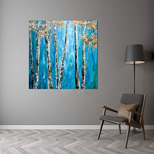 Yihui Arts Tree Canvas Wall Art for Home Decor 3D Hand Painted Blue Forest Pictures for Living Room Bedroom Stretched and Framed Ready to Hang(20Wx20L)