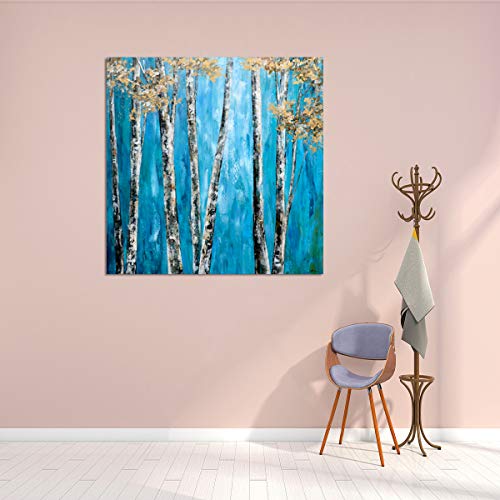 Yihui Arts Tree Canvas Wall Art for Home Decor 3D Hand Painted Blue Forest Pictures for Living Room Bedroom Stretched and Framed Ready to Hang(20Wx20L)