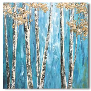 Yihui Arts Tree Canvas Wall Art for Home Decor 3D Hand Painted Blue Forest Pictures for Living Room Bedroom Stretched and Framed Ready to Hang(20Wx20L)