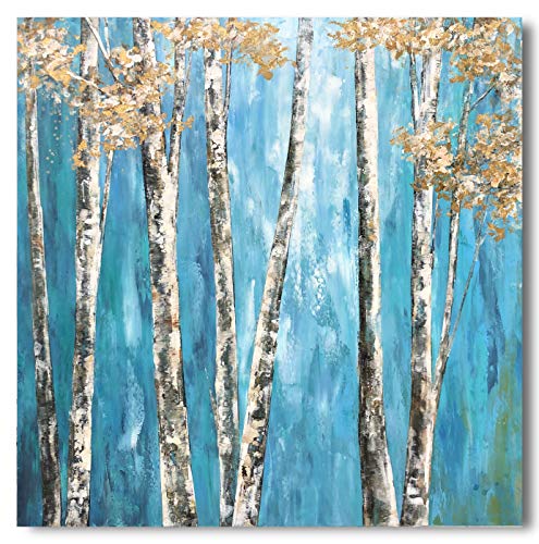 Yihui Arts Tree Canvas Wall Art for Home Decor 3D Hand Painted Blue Forest Pictures for Living Room Bedroom Stretched and Framed Ready to Hang(20Wx20L)