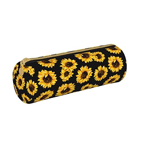 Sunflower Cylinder Pencil Case Holder Zipper Pen Bag Pouch Stationery Cosmetic Bag