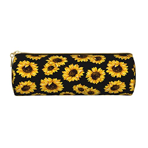 Sunflower Cylinder Pencil Case Holder Zipper Pen Bag Pouch Stationery Cosmetic Bag