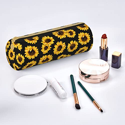 Sunflower Cylinder Pencil Case Holder Zipper Pen Bag Pouch Stationery Cosmetic Bag