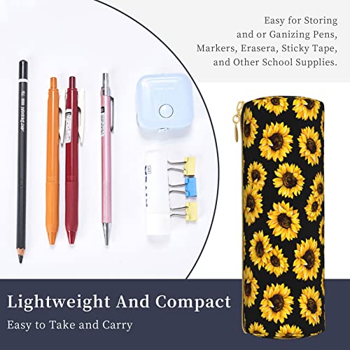 Sunflower Cylinder Pencil Case Holder Zipper Pen Bag Pouch Stationery Cosmetic Bag