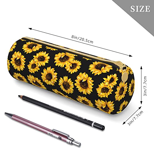 Sunflower Cylinder Pencil Case Holder Zipper Pen Bag Pouch Stationery Cosmetic Bag