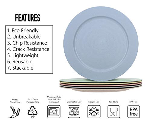 10 Inch Wheat Straw Flat Plastic Plates Set (6 Dinner Plates) - Dishwasher & Microwave Safe - Unbreakable Reusable Lightweight Eco Friendly & BPA Free Dinnerware - Dishes for Kids Toddlers & Adults