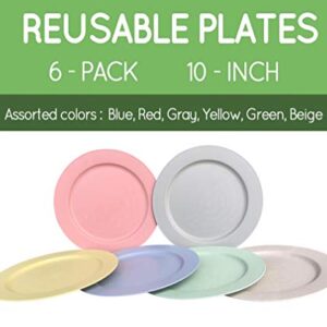 10 Inch Wheat Straw Flat Plastic Plates Set (6 Dinner Plates) - Dishwasher & Microwave Safe - Unbreakable Reusable Lightweight Eco Friendly & BPA Free Dinnerware - Dishes for Kids Toddlers & Adults